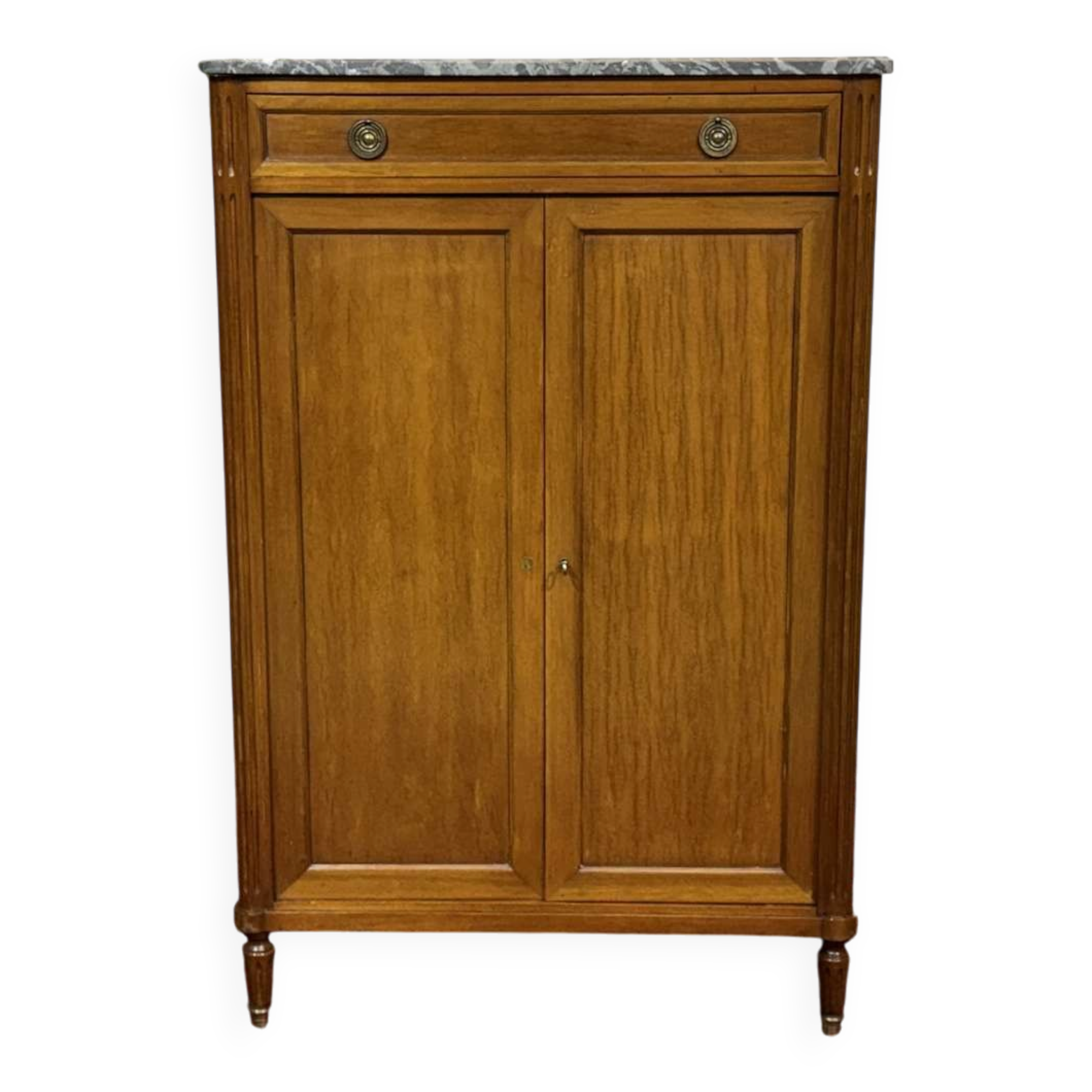 Small Louis XVI style cabinet in mahogany, oak, and marble top.