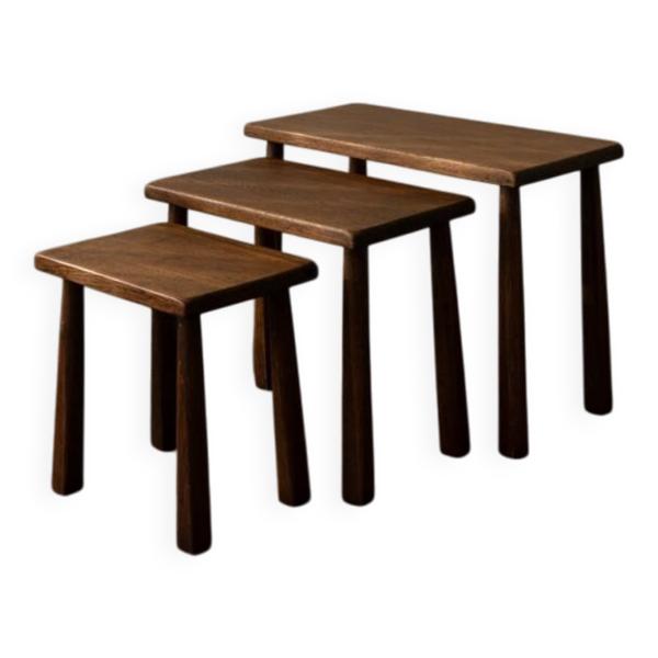 Tables d'appoint en chêne vintage (ensemble de 3) – Tables latérales rustiques modernistes, années 1970 — Beyit