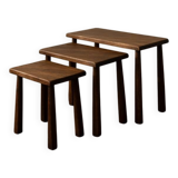 Vintage Oak Nesting Tables (Set of 3) – Rustic Modernist Side Tables, 1970s