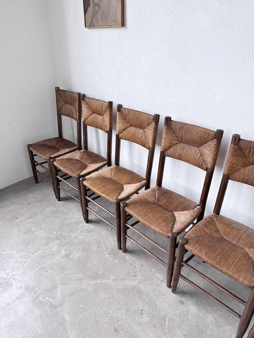 Set of 6 straw and oak Beauche chairs.