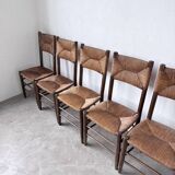Set of 6 straw and oak Beauche chairs.