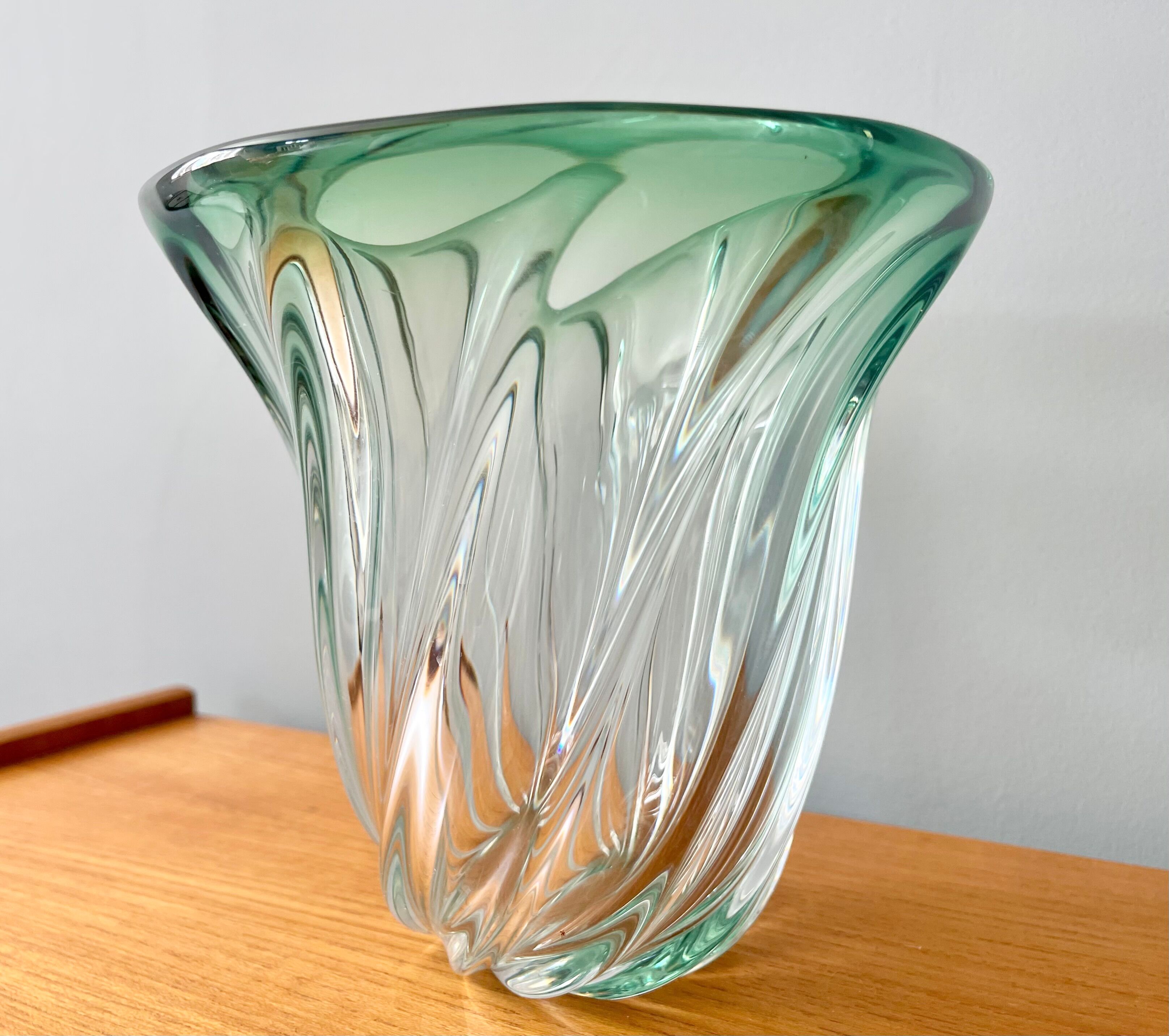 Val St Lambert Green Glass Vase from Belgium