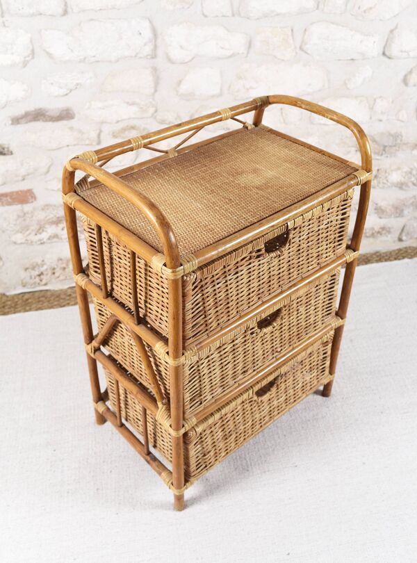 Commode en osier et rotin avec 3 tiroirs