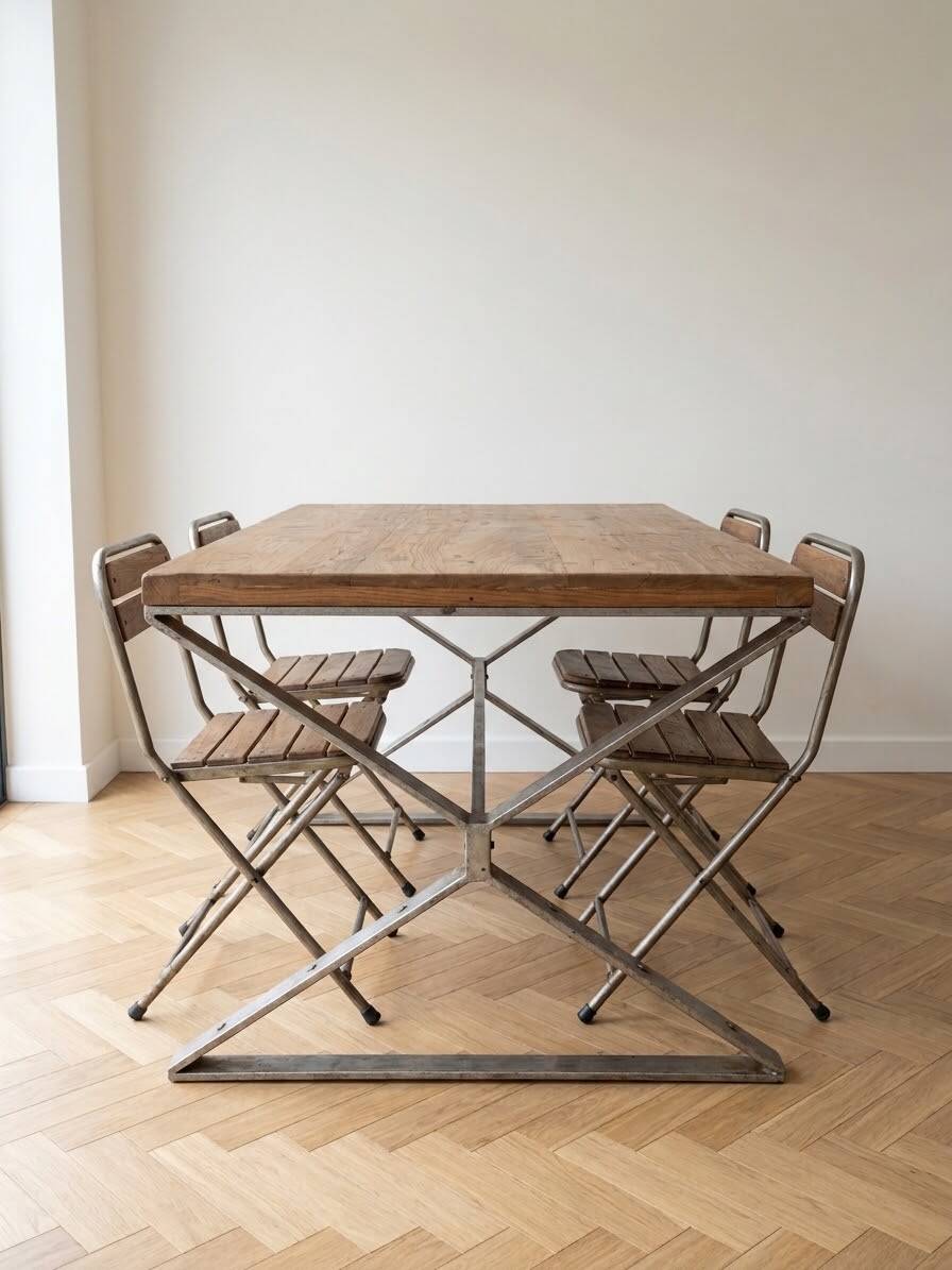 Industrial wooden dining table: spacious top and 4 matching chairs.