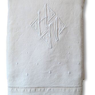 Old linen, flat sheet, embroidered Monogram "HN"