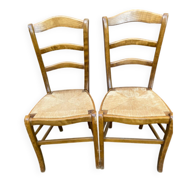 2 chaises à manger cuisine bois massif paillées 1960 Style Campagne Chic