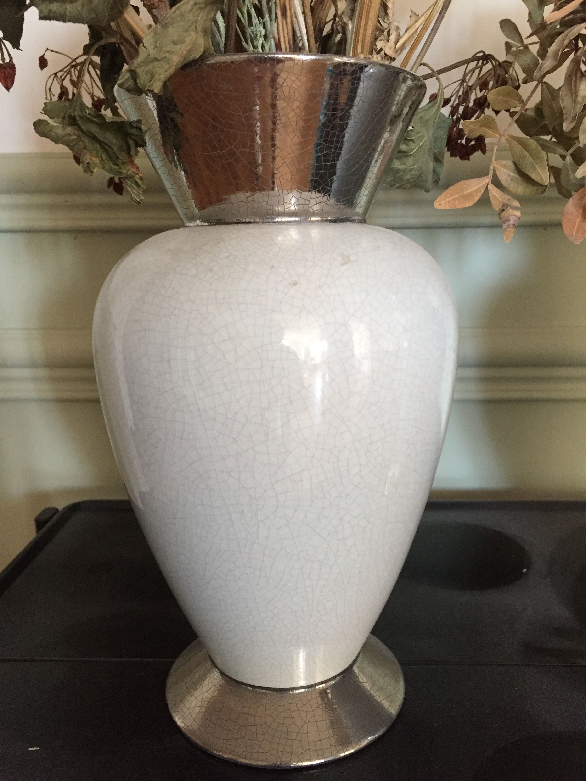 Pair of white and silver vases style cracked enamel