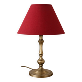 Table lamp in patinated gold metal with a red shade – H 36 cm