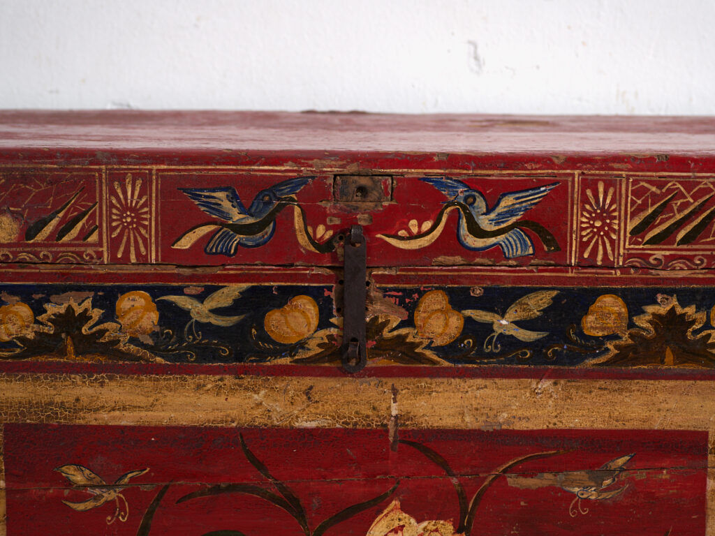 Antique chest painted vermilion red made of pine – China, circa 1900