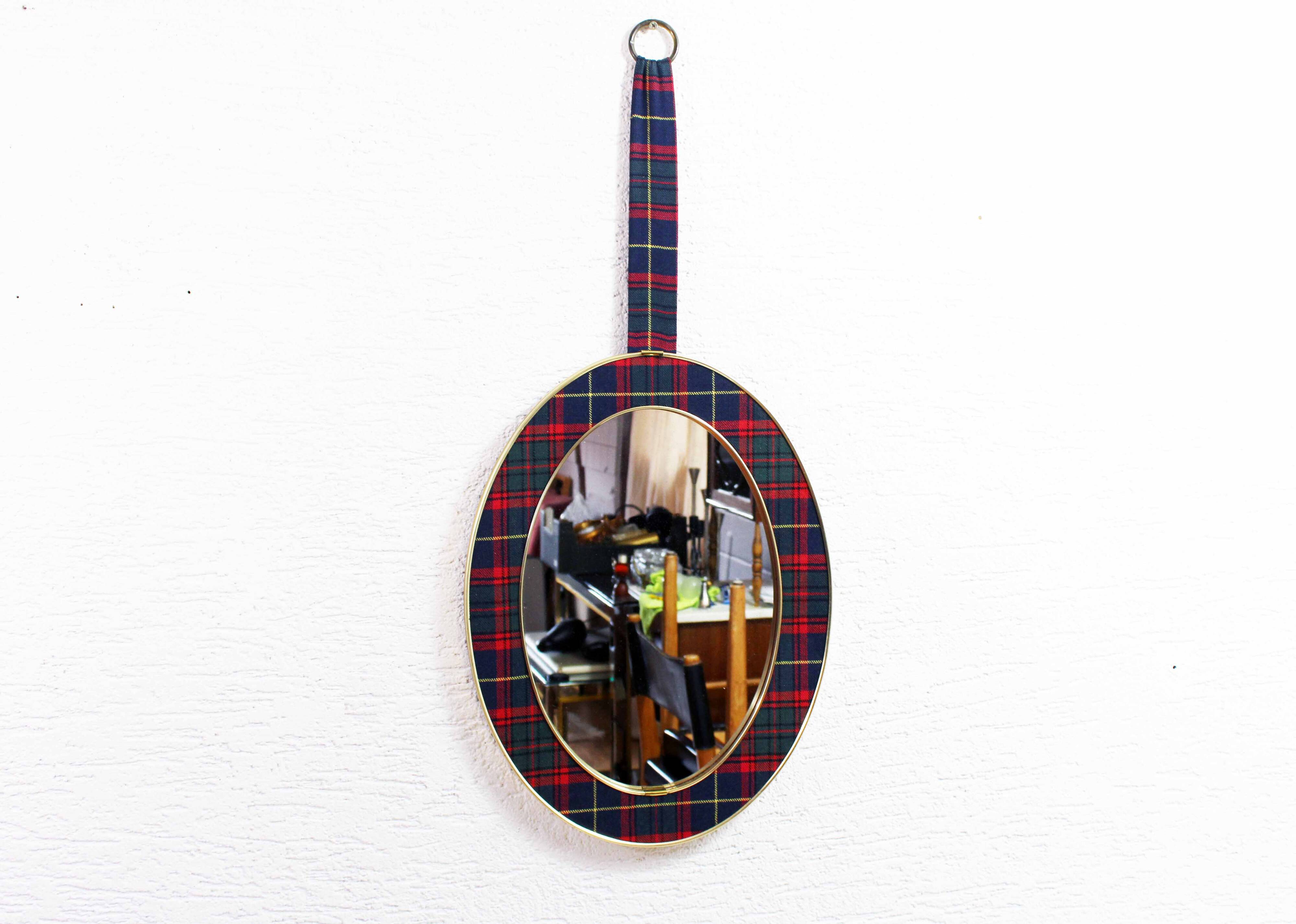 Vintage brass mirror in Scottish fabric