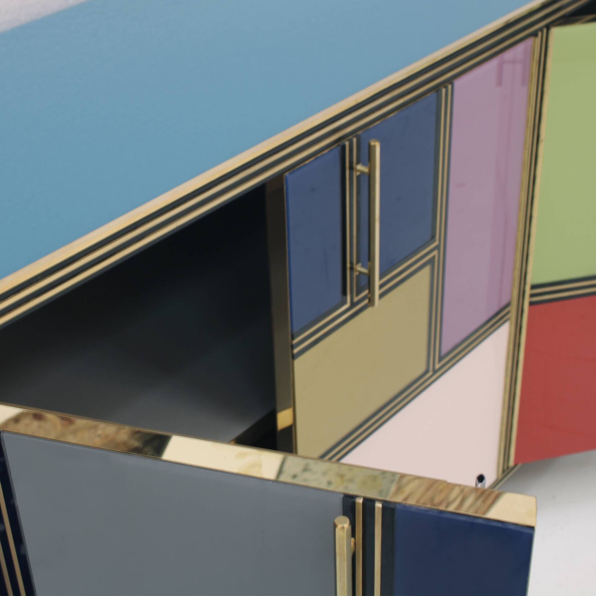 Mid-Century Modern Style Wood Colored Glass and Brass Italian Sideboard