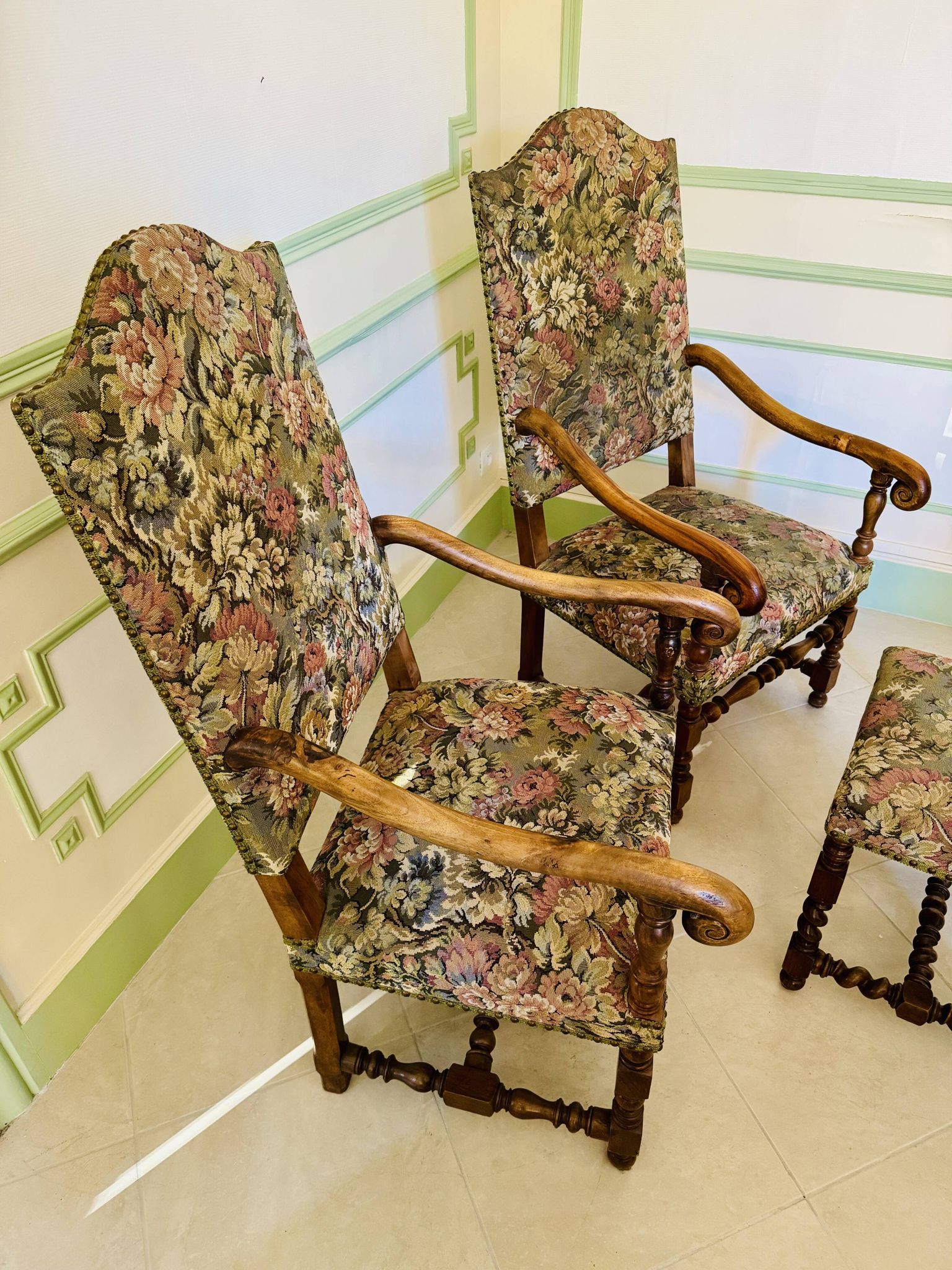 Pair of antique armchairs in Henri II / Neo-Renaissance style + footrest