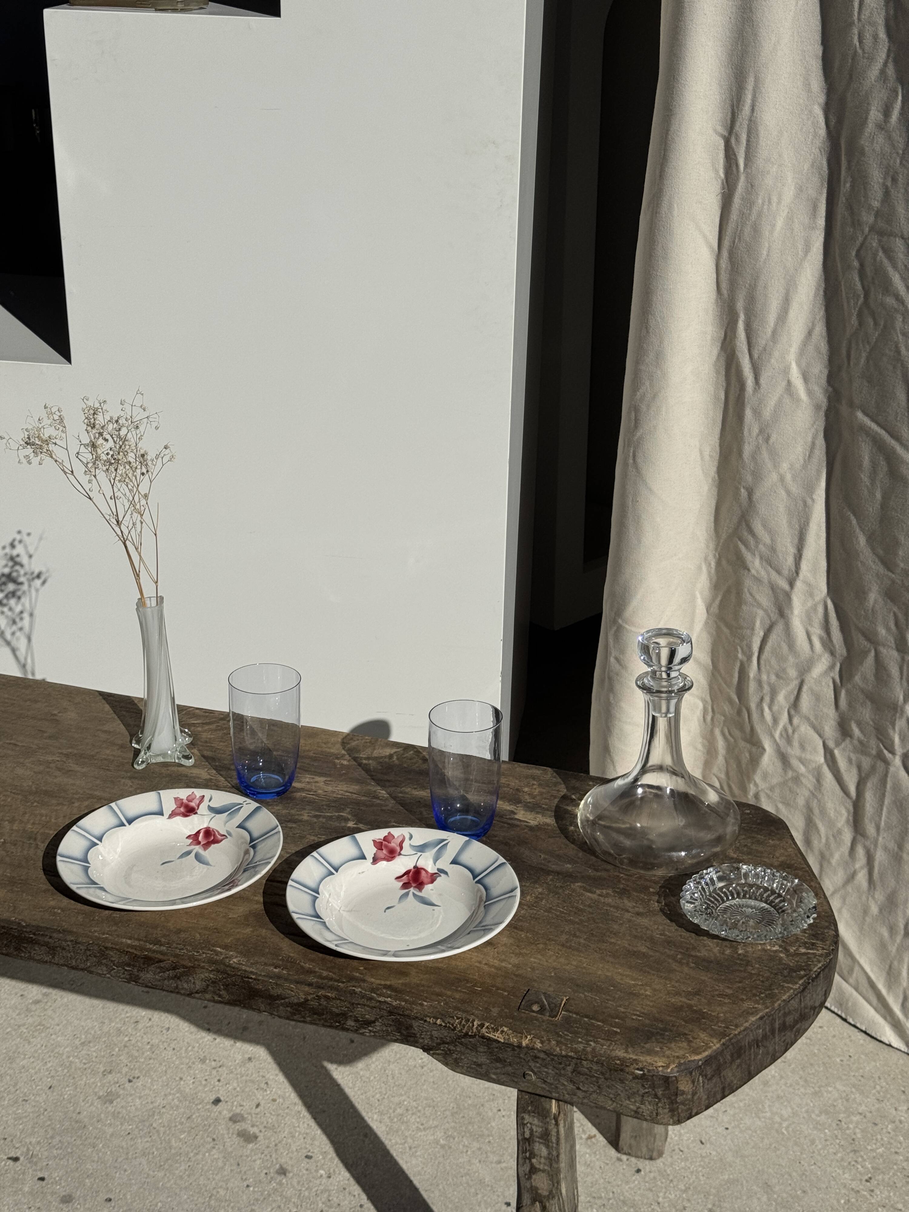 Set of 3 deep plates Digoin Sarreguemines blue with pink flowers D23