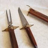Vintage cutting service with knife and fork in wooden sheath