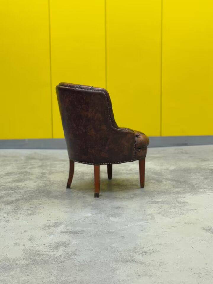 Original English Chesterfield Tub Chair - Vintage Antique Brown Leather