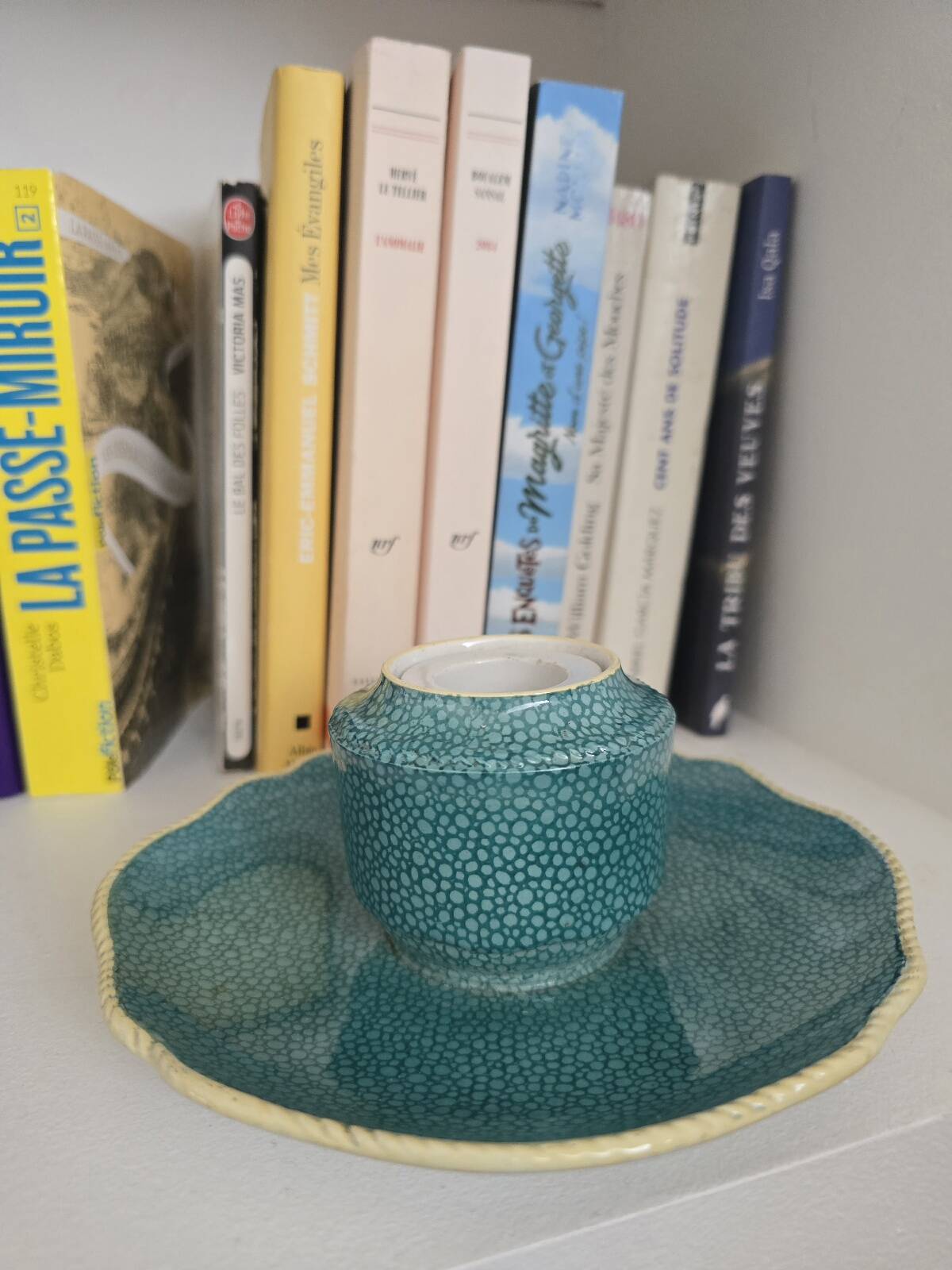 Copeland Spode England porcelain candlestick – turquoise shagreen design –