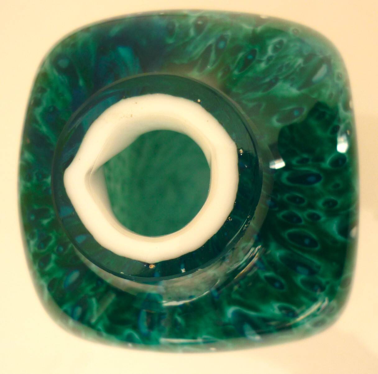 White multi-layer blown glass bottle vase with blue and green inclusions