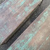 Pair of green teak coffee tables.