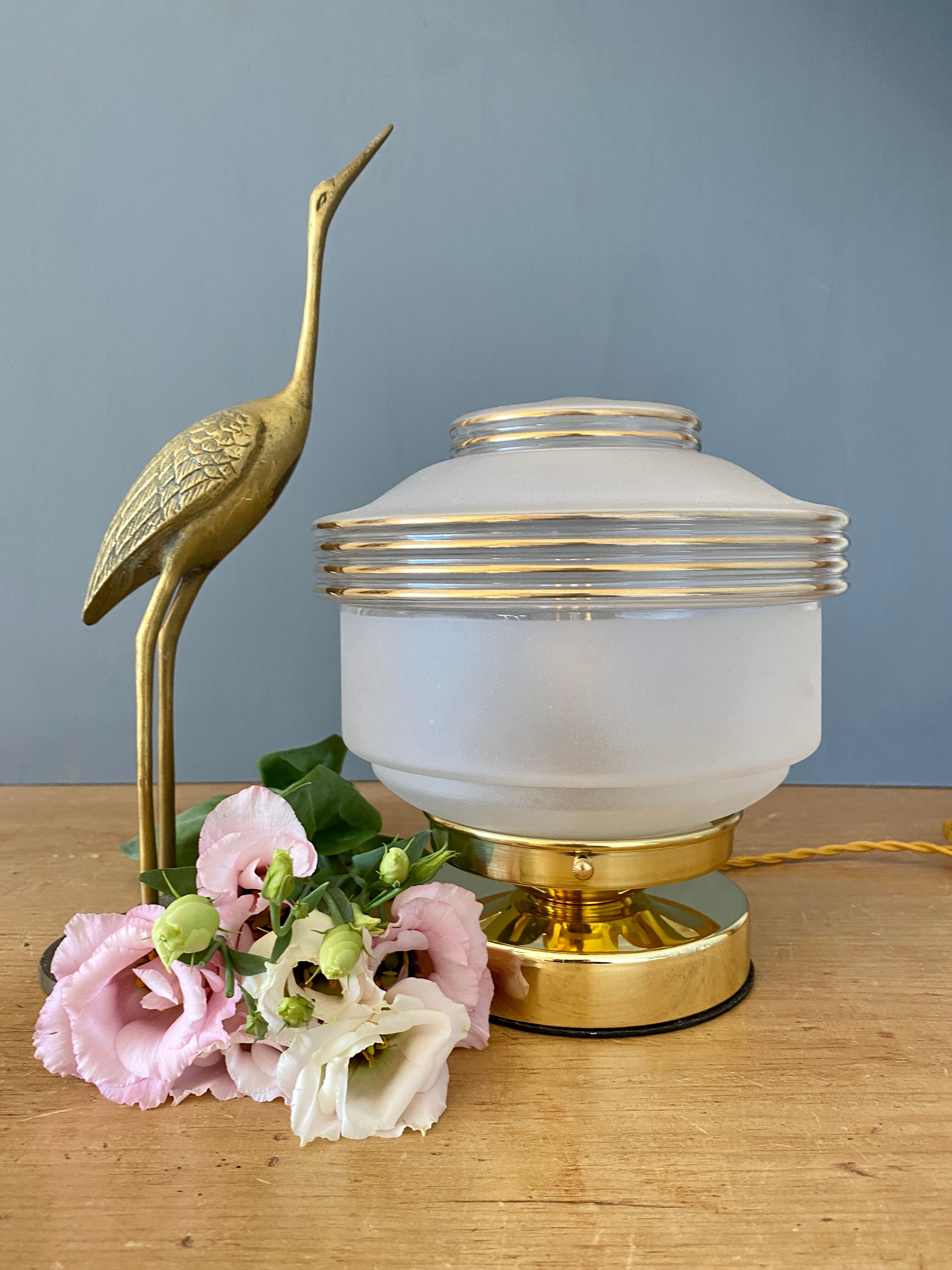 Table lamp vintage art deco globe in white frosted glass with golden edging