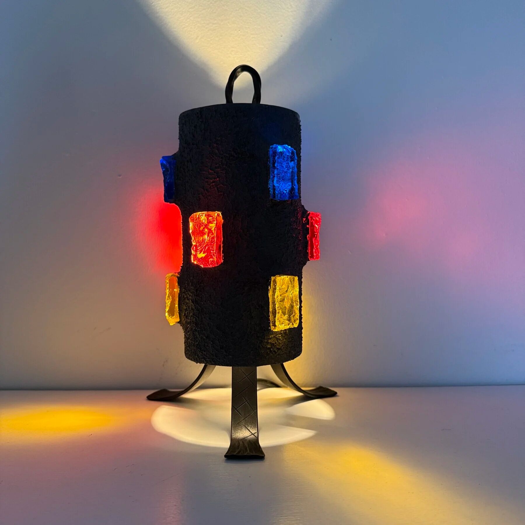 Brutalist table lamp metal and glass, 1970s
