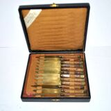 Set of 12 vintage gilded brass and wood cheese knives 1950 Coutelier Martin