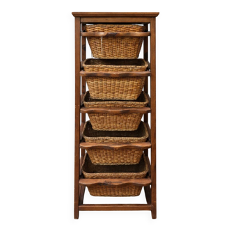 Rustic solid wood storage furniture with wicker baskets / vintage 20th century