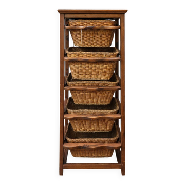 Rustic solid wood storage furniture with wicker baskets / vintage 20th century