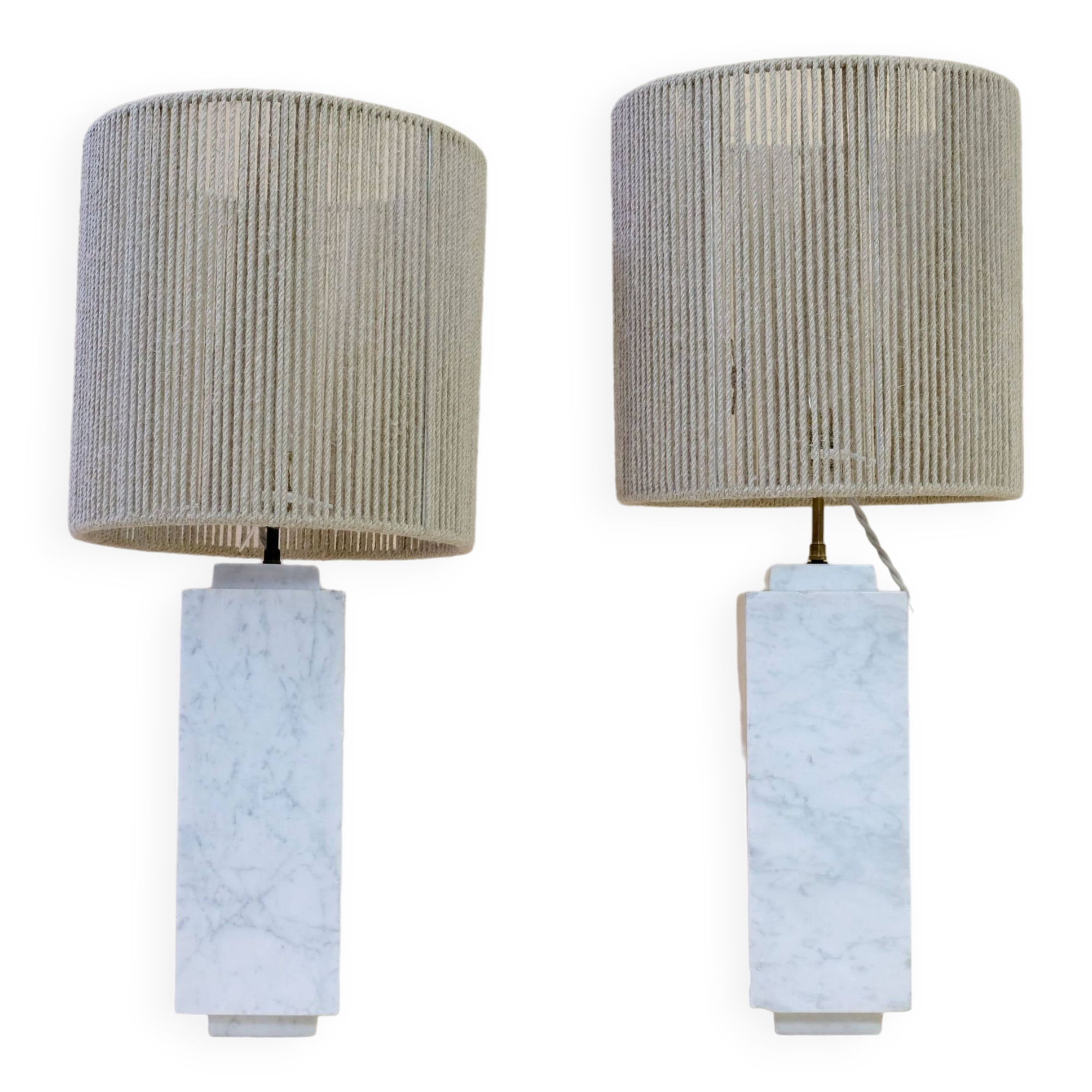 Pair of marble lamps from the 60s and their rope lampshades.