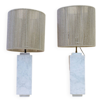 Pair of marble lamps from the 60s and their rope lampshades.
