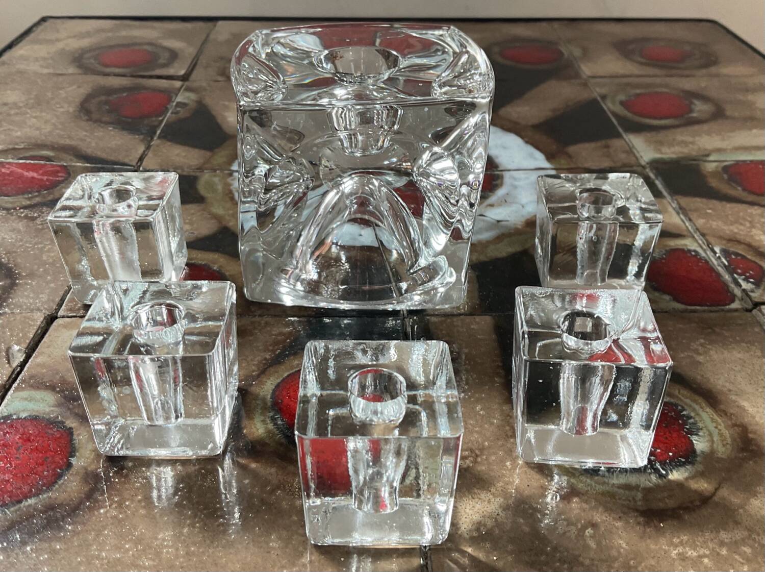 Series of 6 vintage cube candlesticks in molded glass