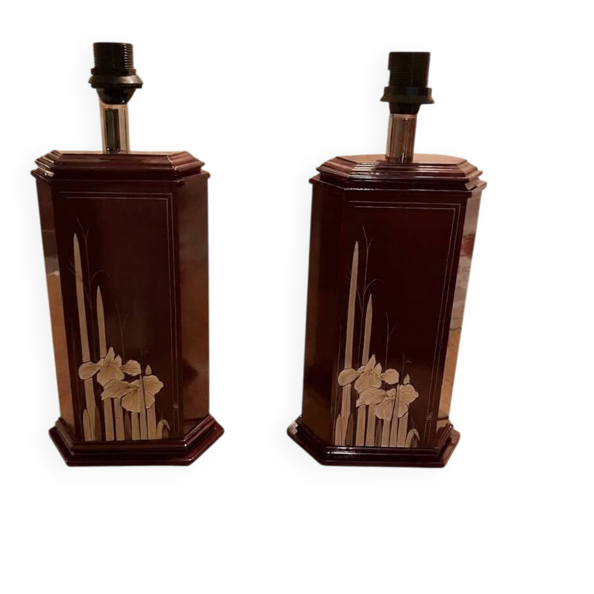 Pair of large vintage lacquered wooden lamps, Eric Maville style.