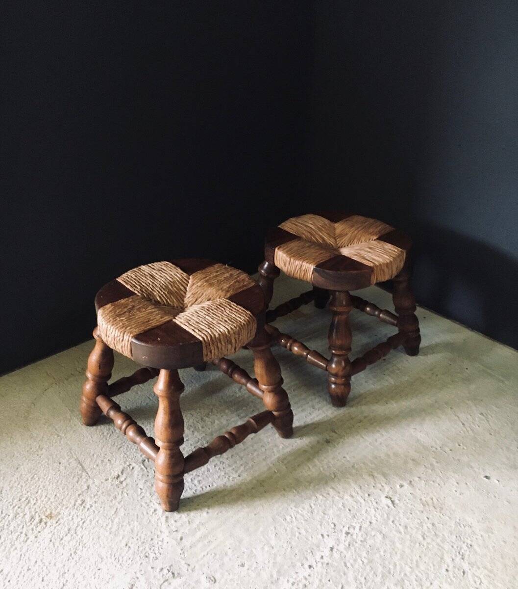Rustic Low Oak and Rush Stools in the style of Charles Dudouyt, France, 1940s, Set of 2