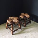 Rustic Low Oak and Rush Stools in the style of Charles Dudouyt, France, 1940s, Set of 2