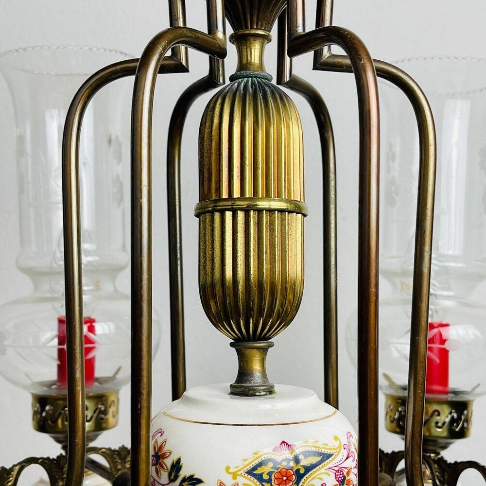 Vintage porcelain and brass chandelier, Italy, 1930s