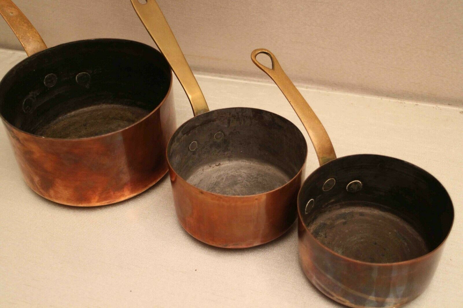 Lot of 3 copper pans No.10 and No.14