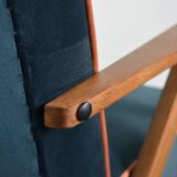 Chaise compas restaurée, tissu jaune canari, fil orange, teck, 1960