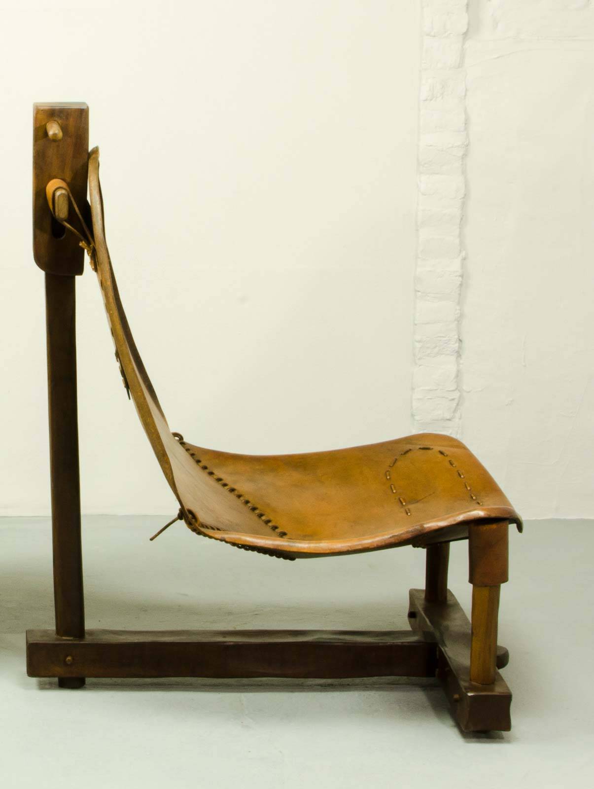 Brutalist Brazilian Style Patched Leather Lounge Chair and Side Table 60s