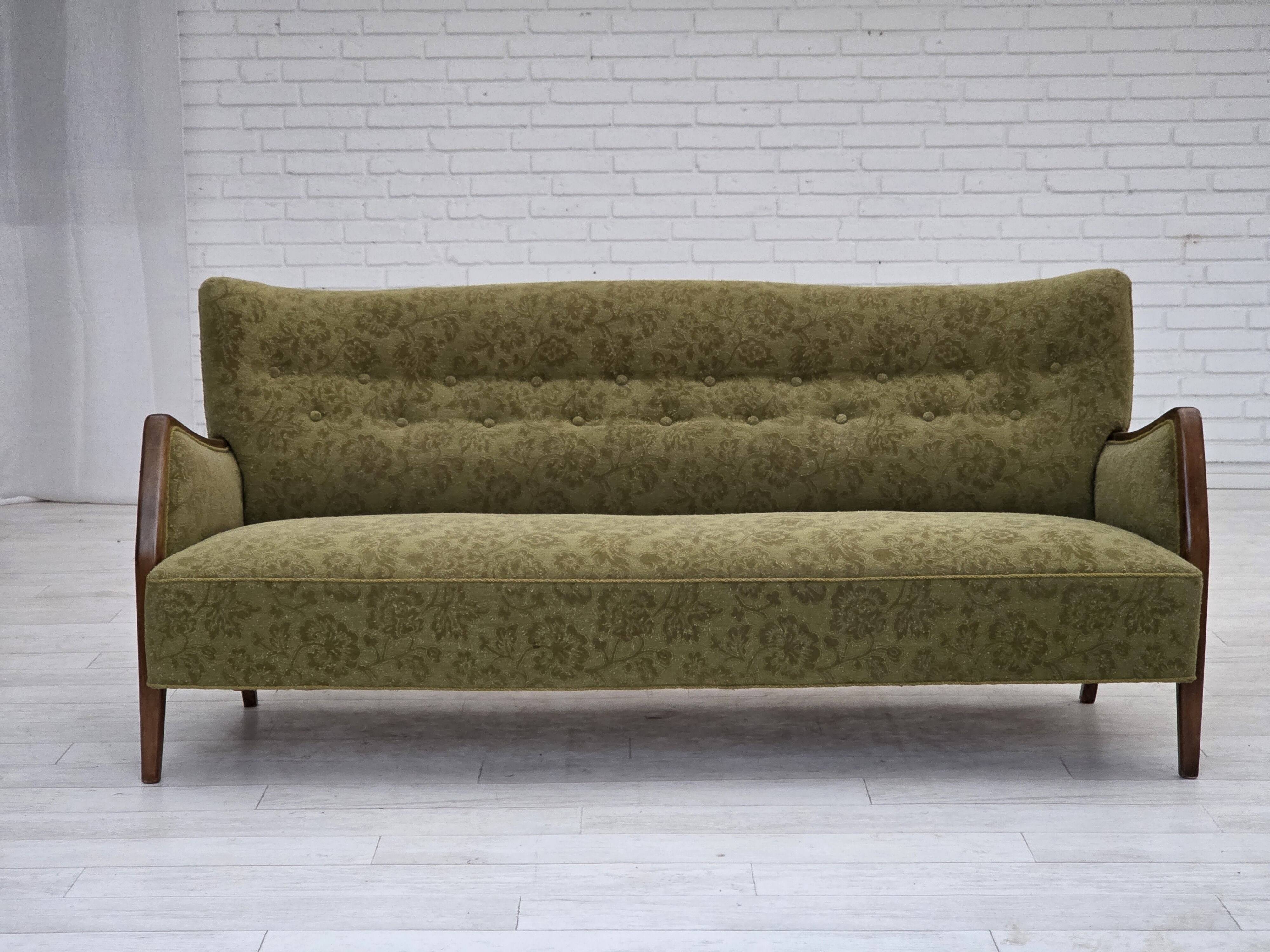 1960s, Danish 3-seater sofa, green furniture velour, ash wood legs.