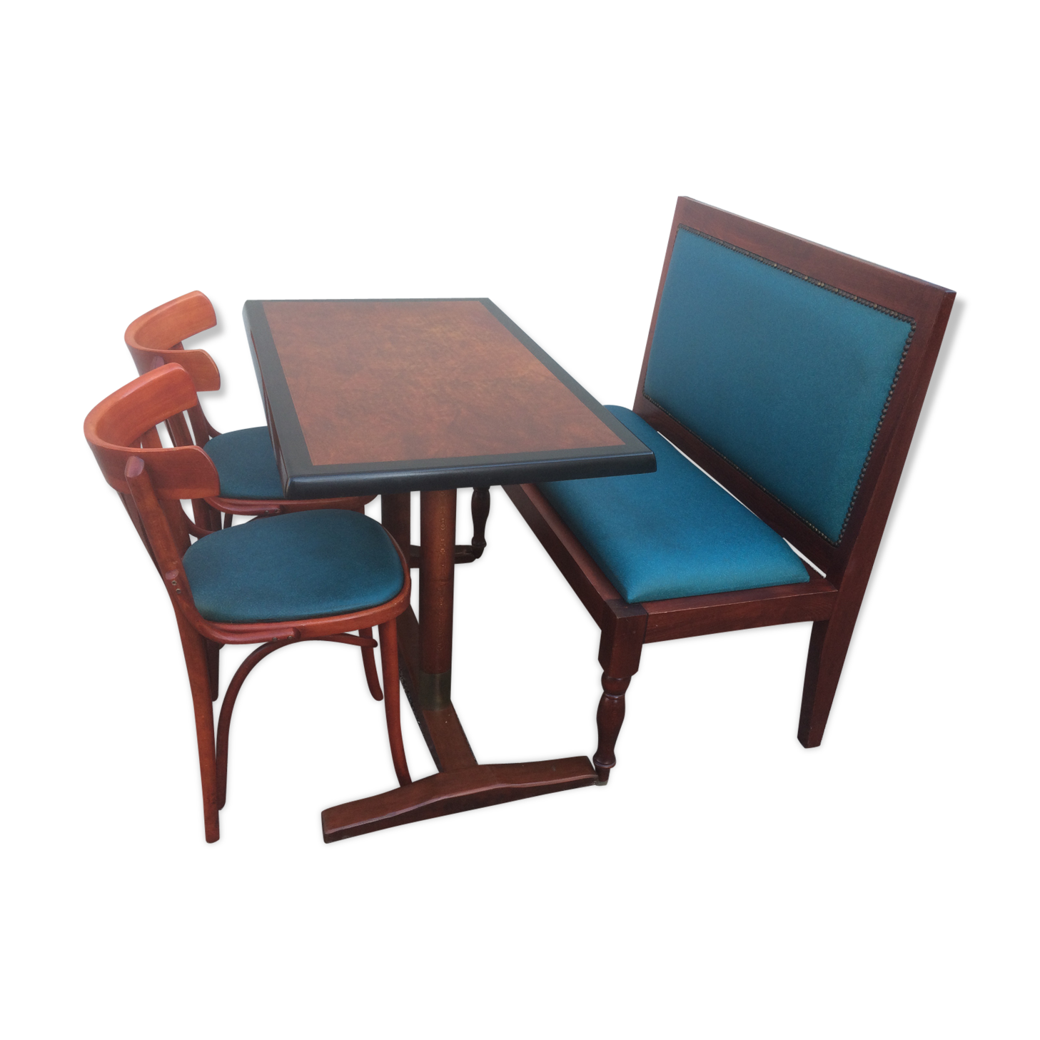 Bistro table, two chairs, one bench