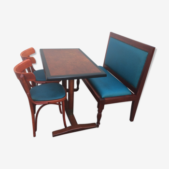 Bistro table, two chairs, one bench