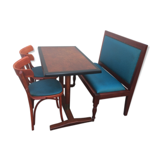 Bistro table, two chairs, one bench