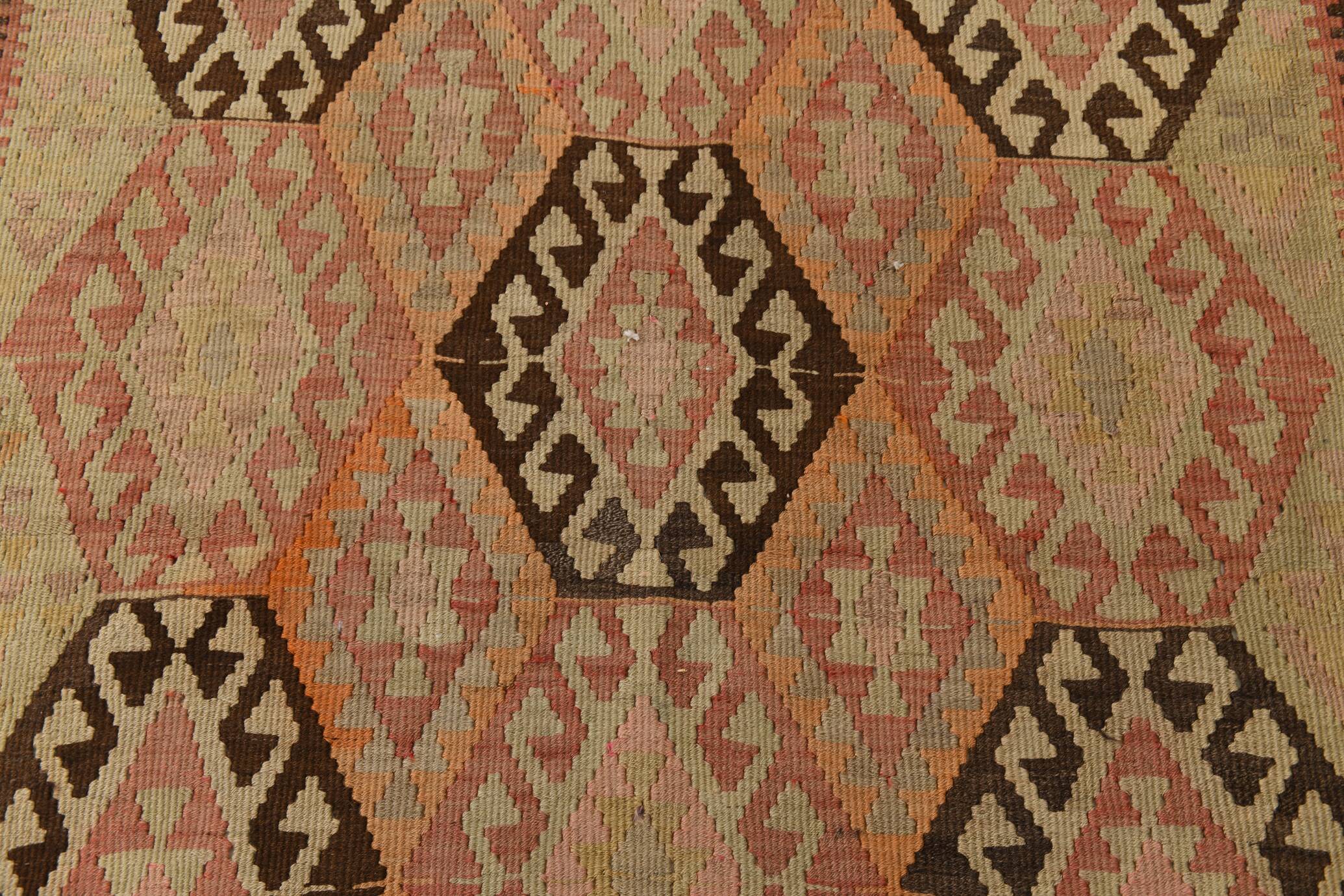 Turkish Vintage Kilim Rug: Shades Of Red Brown Handmade Wool Rug 160x417Cm