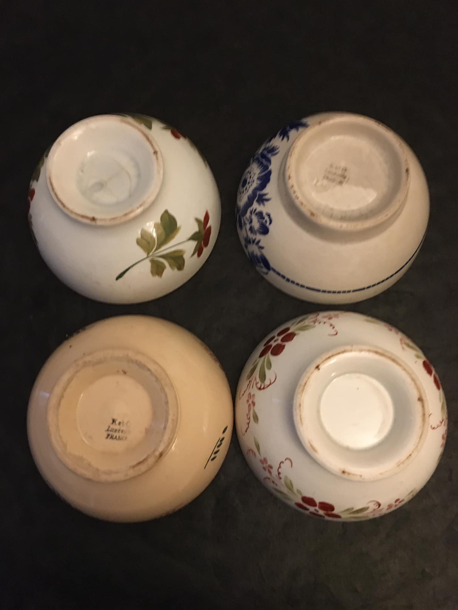 4 antique earthenware bowls with different patterns
