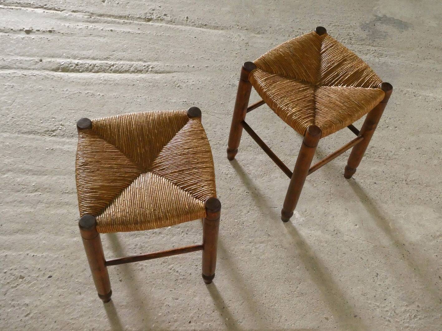 paire de tabourets en bois et paille, 1960
