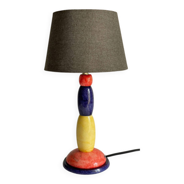 Lampe en pierre d'albâtre bleue, jaune et rouge, années 80