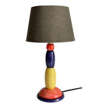 Lampe en pierre d'albâtre bleue, jaune et rouge, années 80