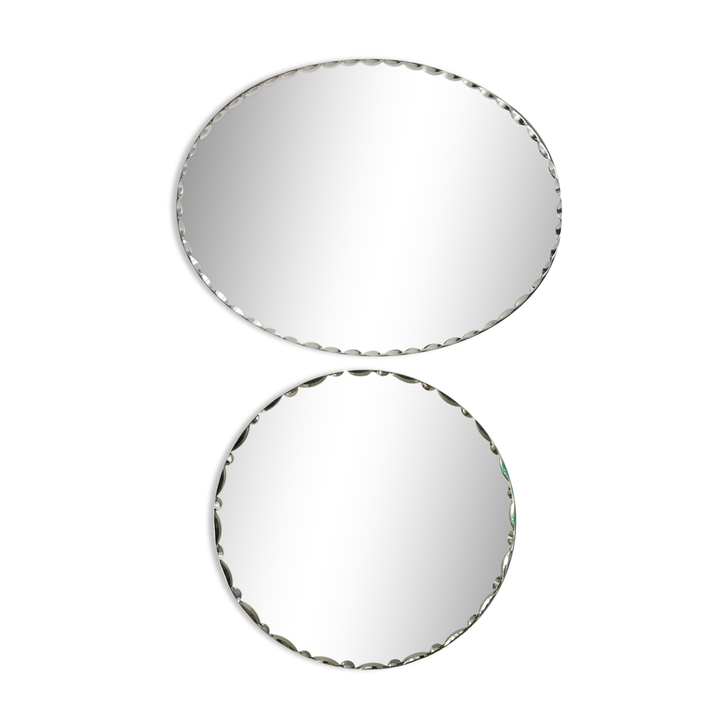 Duo of beveled mirror trays 50s