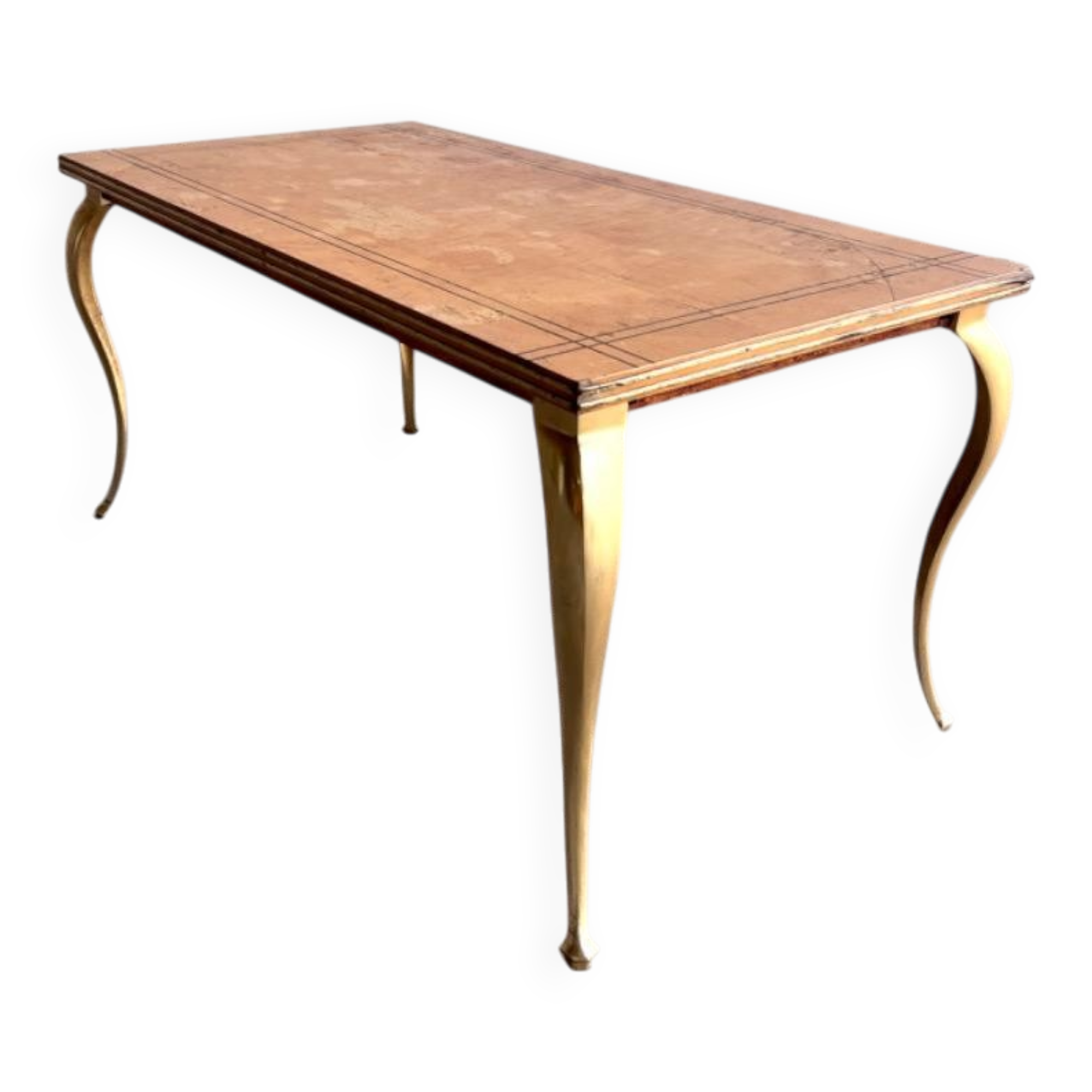 Vintage coffee table with gold-gilded legs and light brown wood veneer geometric inlaid top