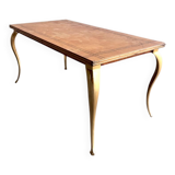 Vintage coffee table with gold-gilded legs and light brown wood veneer geometric inlaid top