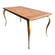 Table basse vintage avec pieds dorés et plateau incrusté de motifs géométriques en placage de bois brun clair